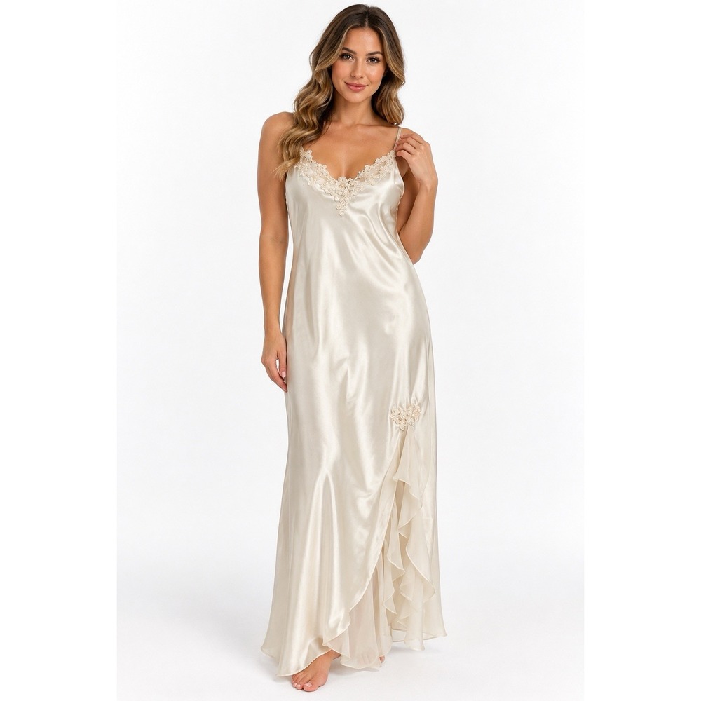 Linea Donatella Bridal Satin Nightgown M Ivory Lace Ruffle Chemise Slip Dress